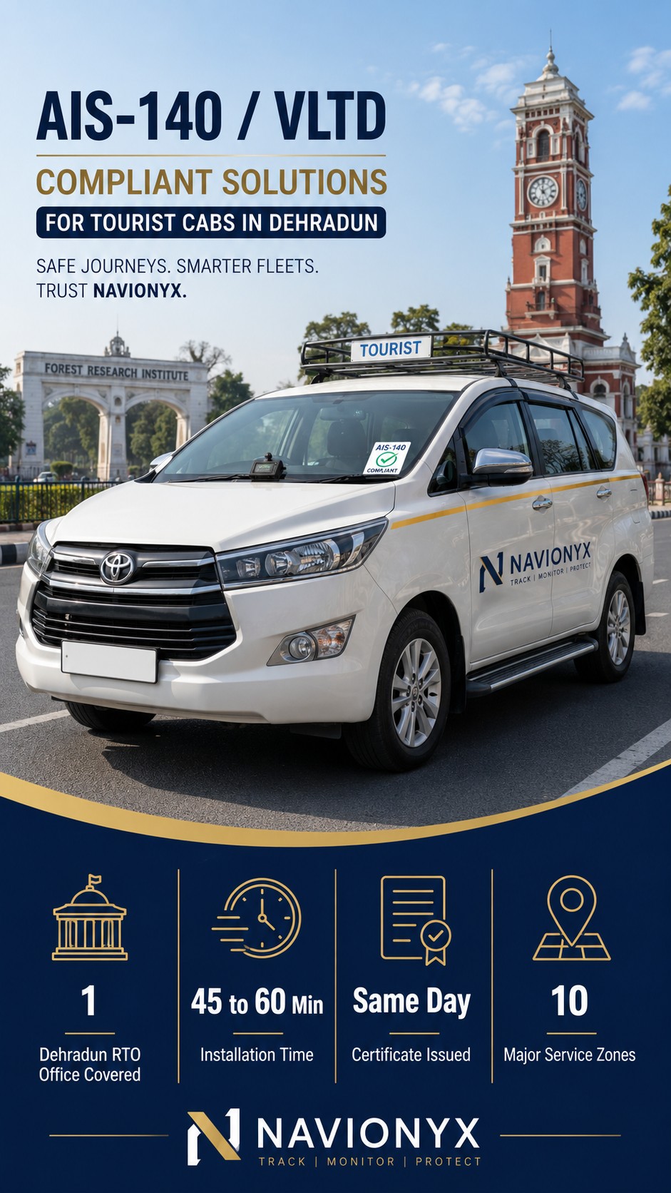 AIS-140 VLTD installation visual for Dehradun taxi operators, tourist cabs, and Char Dham circuit vehicles
