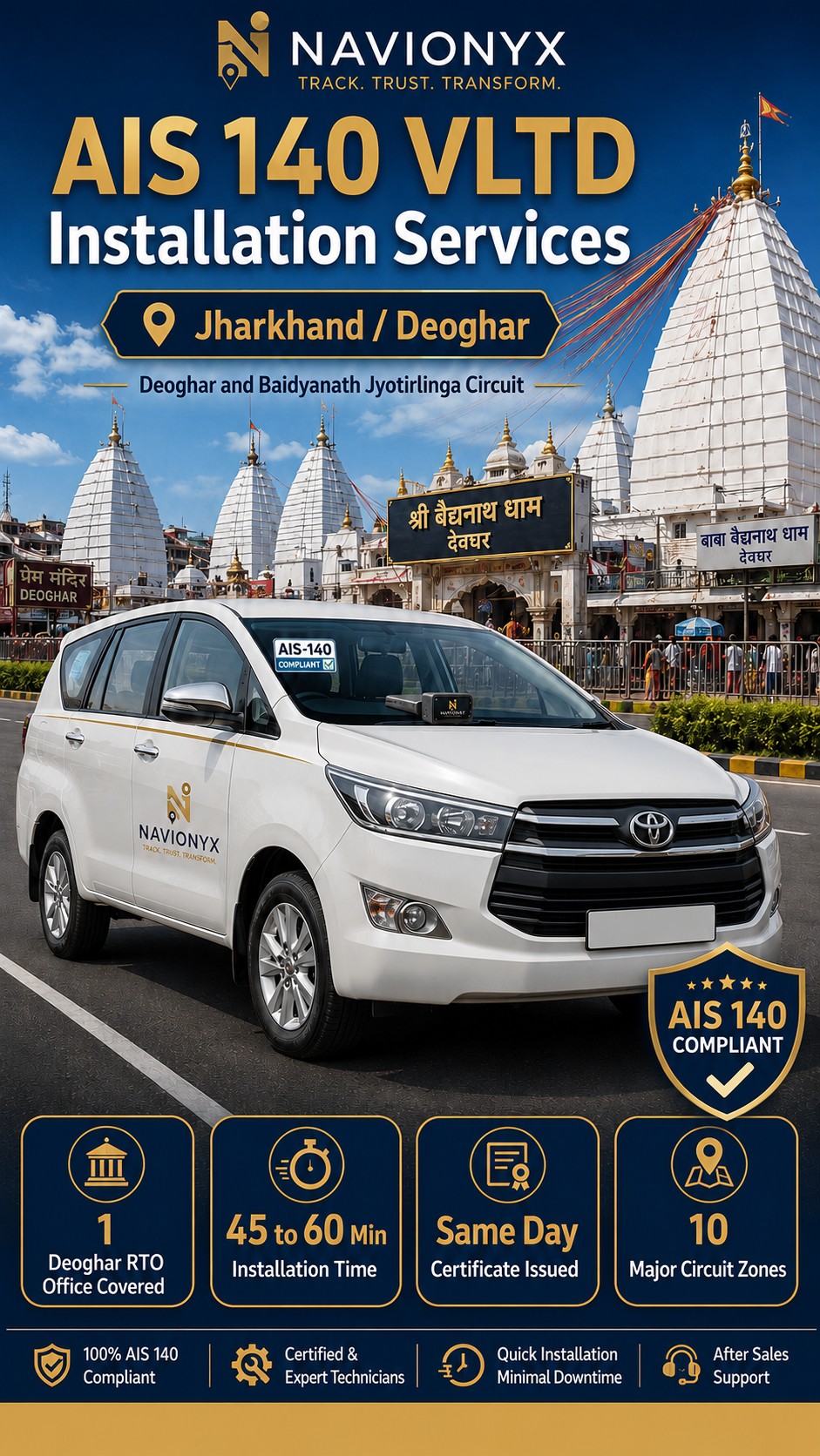AIS-140 VLTD installation visual for Deoghar pilgrim taxi operators, Baidyanath Dham tour package fleets, Basukinath route cabs, Jasidih shuttle services, and Deoghar Airport transfer operators