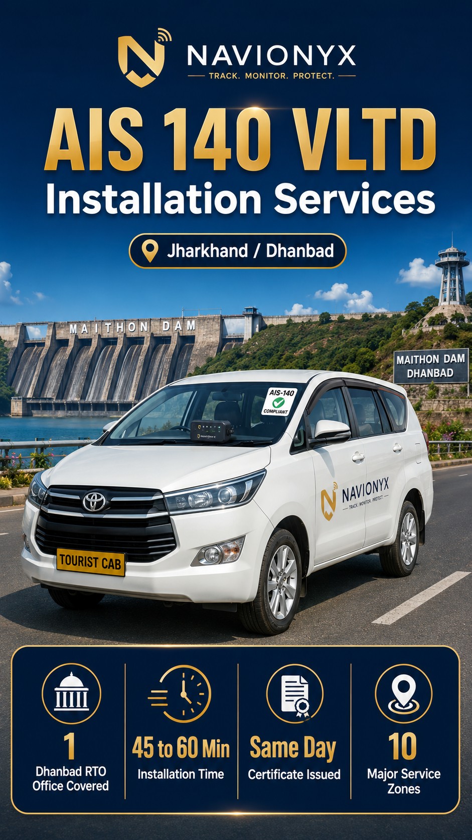 AIS-140 VLTD installation visual for Dhanbad taxi operators, colliery staff transport fleets, coaching shuttle services, goods carriers, and school vehicle owners