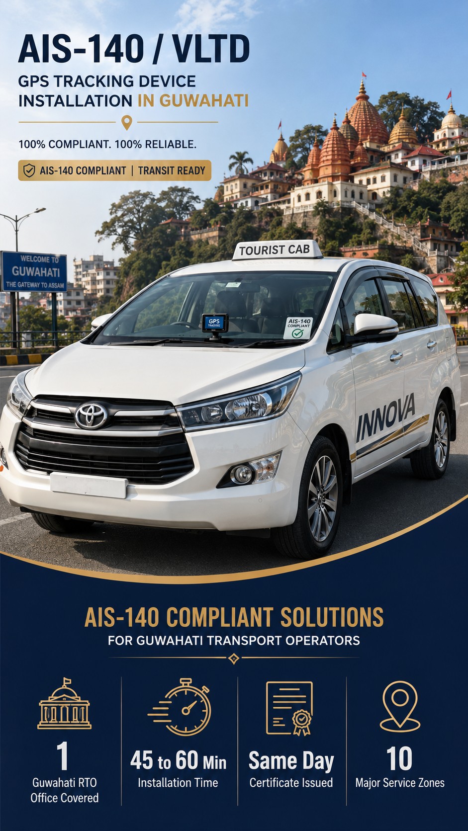 AIS-140 VLTD installation visual for Guwahati taxis, tourist cabs, and airport vehicles