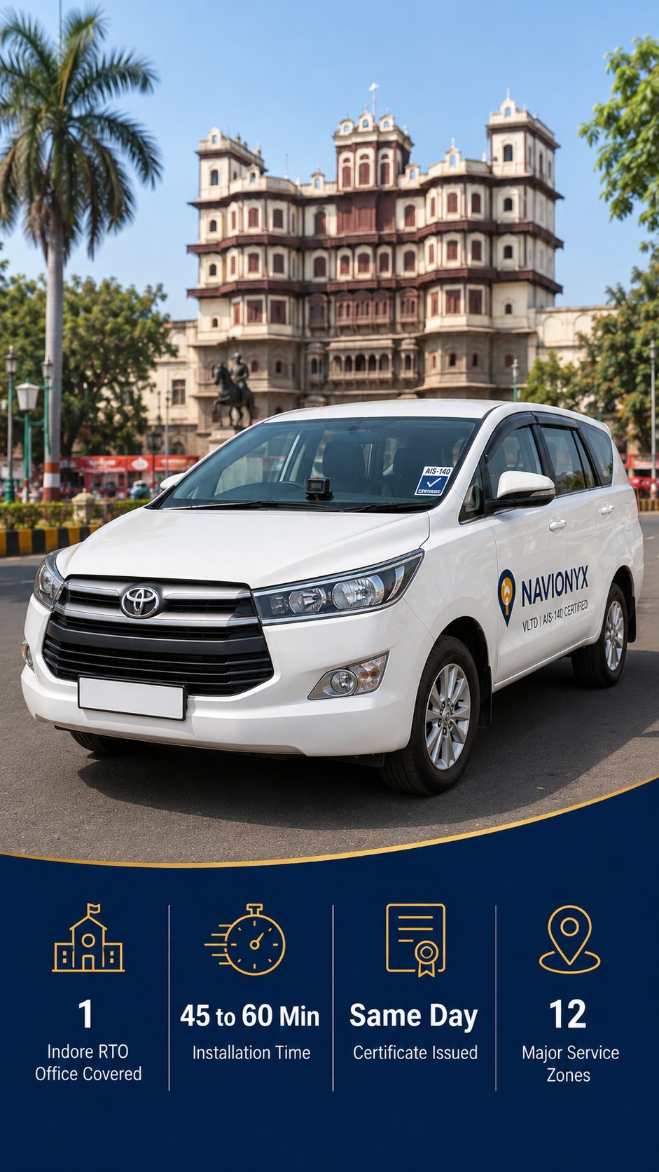 White taxi on AB Road in Indore with a visible dashboard GPS device and a Rajwada-inspired city backdrop.