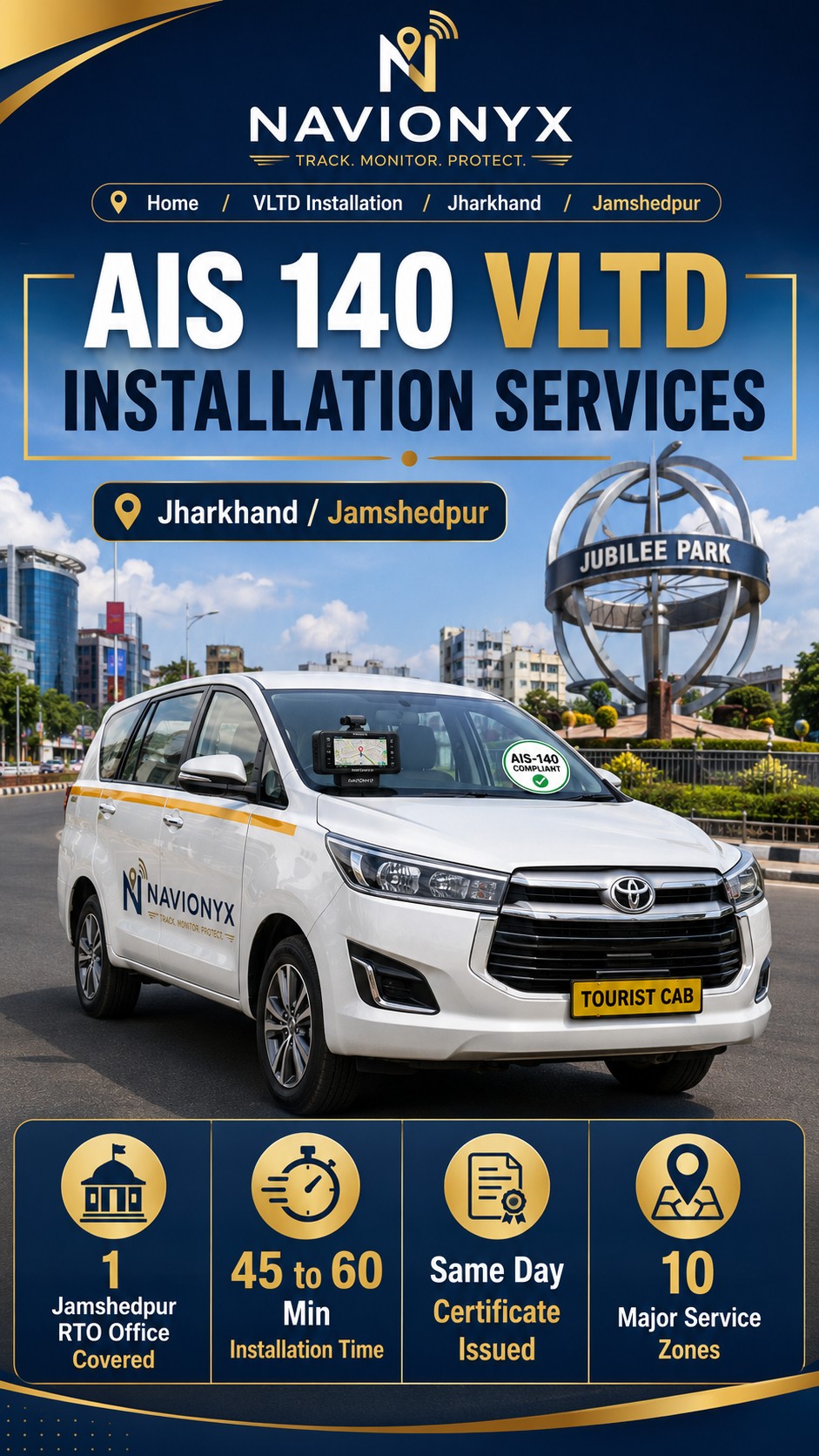 AIS-140 VLTD installation visual for Jamshedpur taxi operators, industrial staff transport fleets, school vehicles, and tourist cab operators