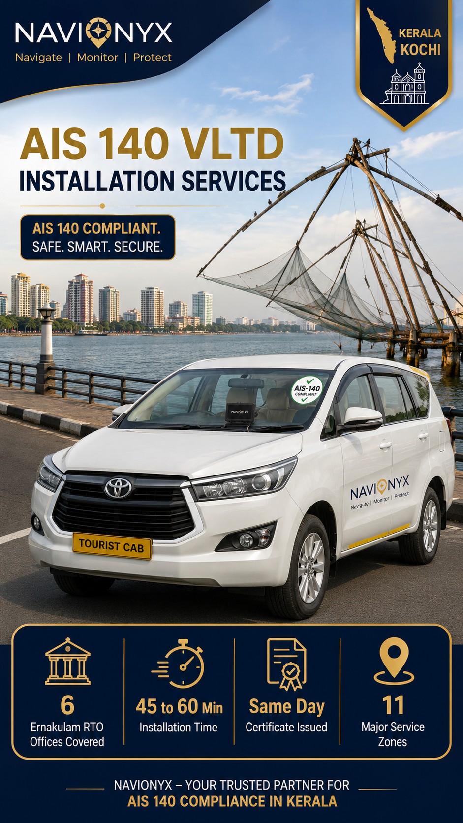 AIS-140 VLTD installation visual for Kochi tourist taxis, airport cab fleets, and IT corridor operators