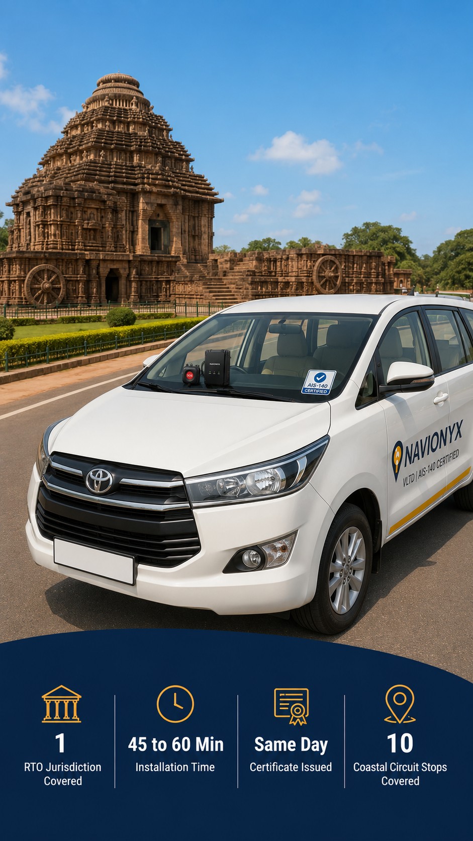 AIS-140 VLTD installation visual for Konark tourist taxis and Odisha Coastal Circuit cabs