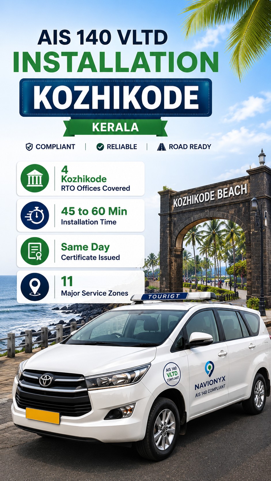 AIS-140 VLTD installation visual for Kozhikode Wayanad circuit tourist taxis, Cyberpark IT cabs, airport fleets, and commercial vehicle owners