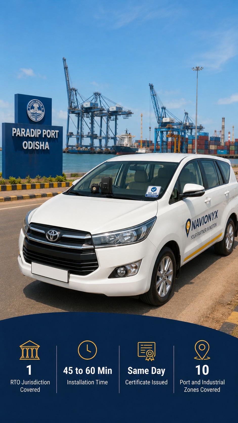 AIS-140 VLTD installation in Paradip Port — cab and industrial staff transport operators
