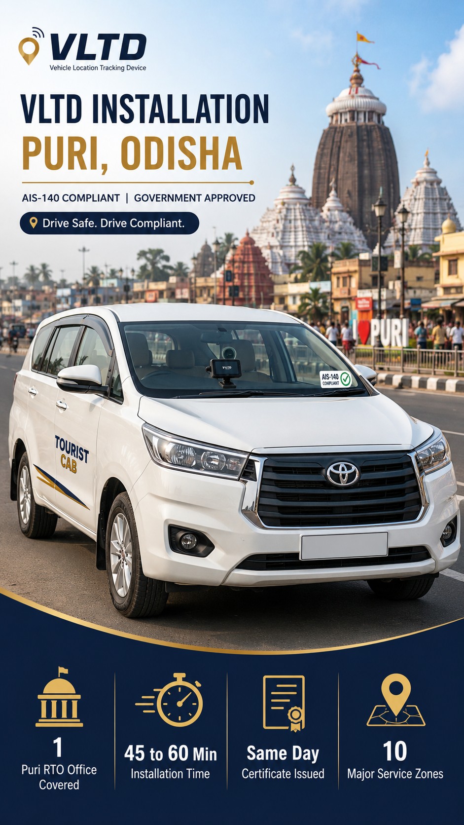 AIS-140 VLTD installation visual for Puri tourist taxis and Jagannath Temple circuit cabs