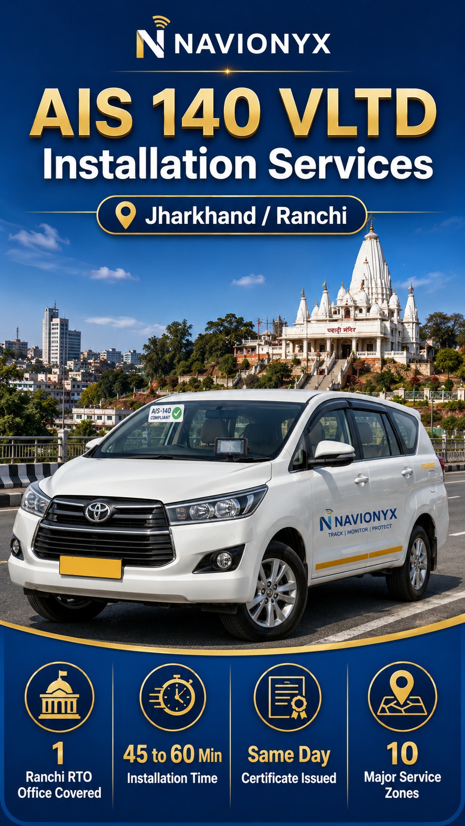 AIS-140 VLTD installation visual for Ranchi taxi operators, tourist cabs, school vehicles, and commercial vehicle owners
