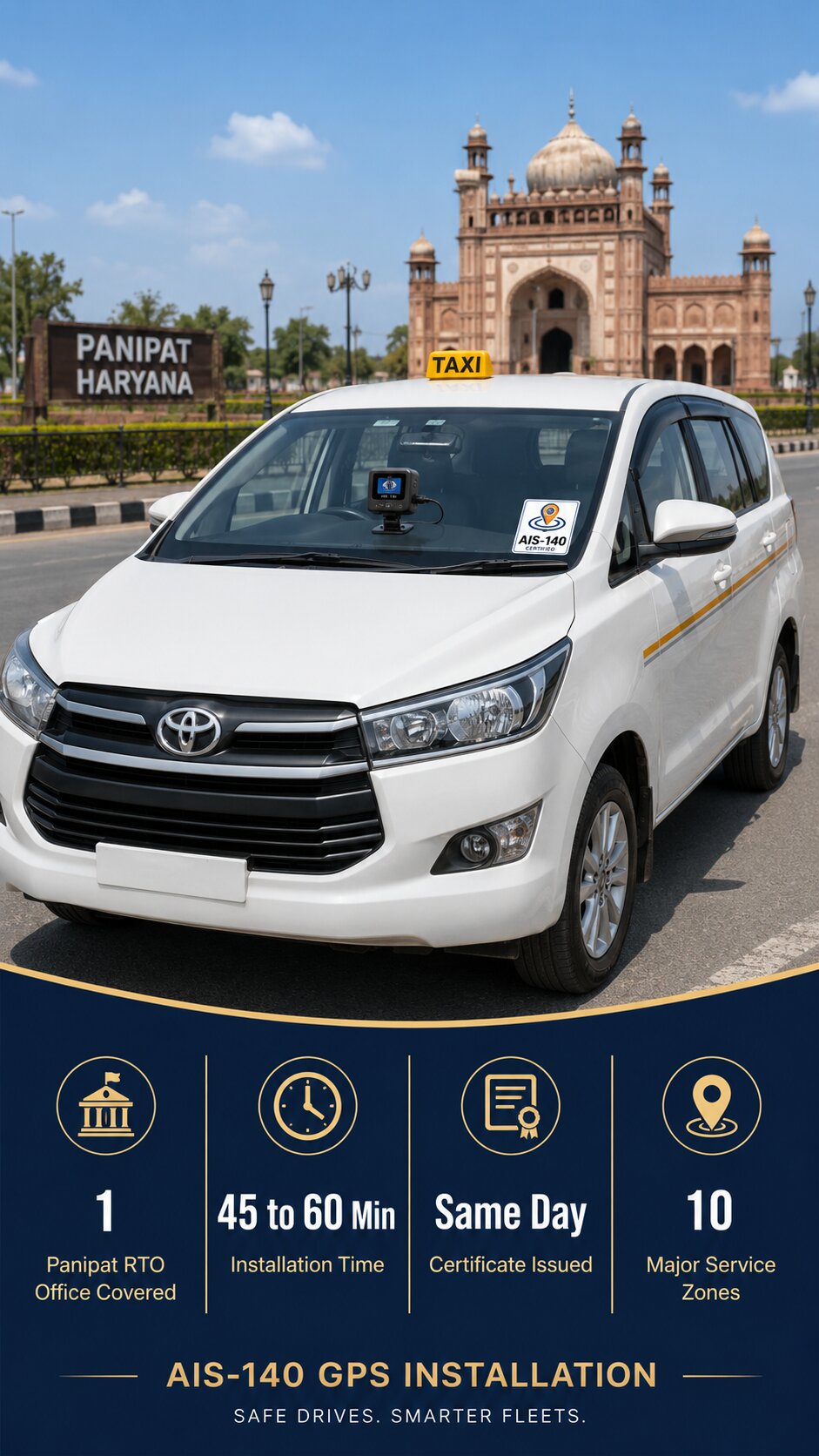 Photorealistic street-level photograph of a white sedan cab on a wide NH-44 road in Panipat with the softly blurred silhouette of a large industrial refinery or factory chimney visible in the distance against a clear sky. GPS device mounted on the dashboard visible through the windshield. AIS-140 sticker on the lower right corner of the windshield. Clean daylight, warm north Indian city light. No logos, no brand text, no license plates.