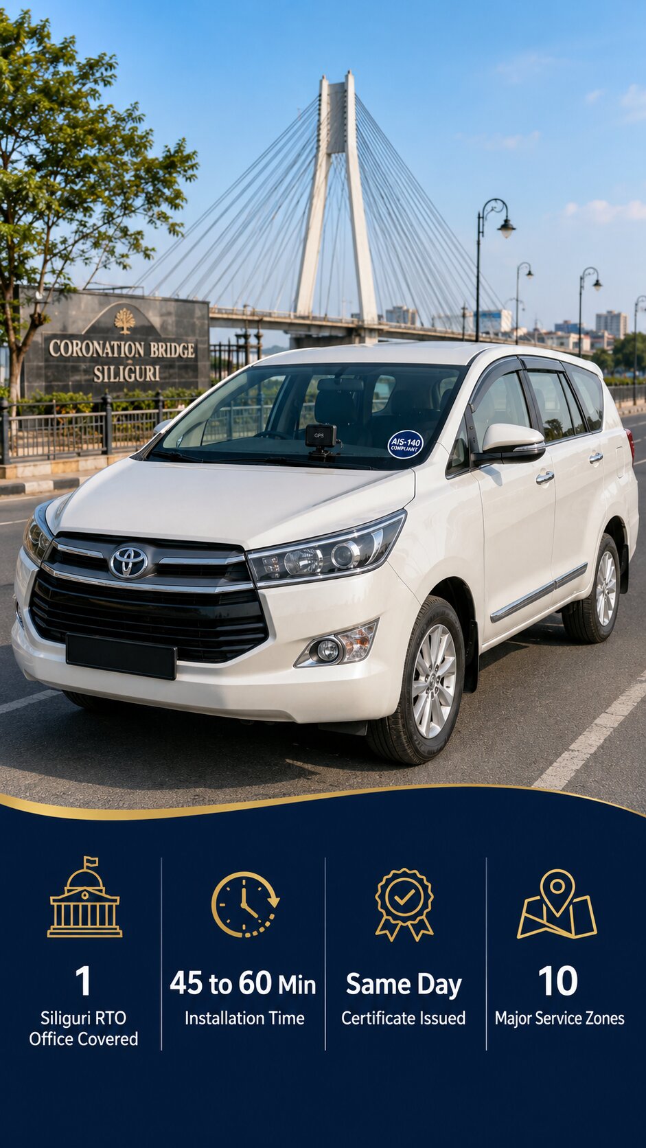 Photorealistic street-level view of a white tourist cab or SUV on a wide Siliguri road with the misty Darjeeling foothills or Mahananda River bridge softly visible in the background, GPS device mounted on the dashboard and AIS-140 sticker visible on the windshield.