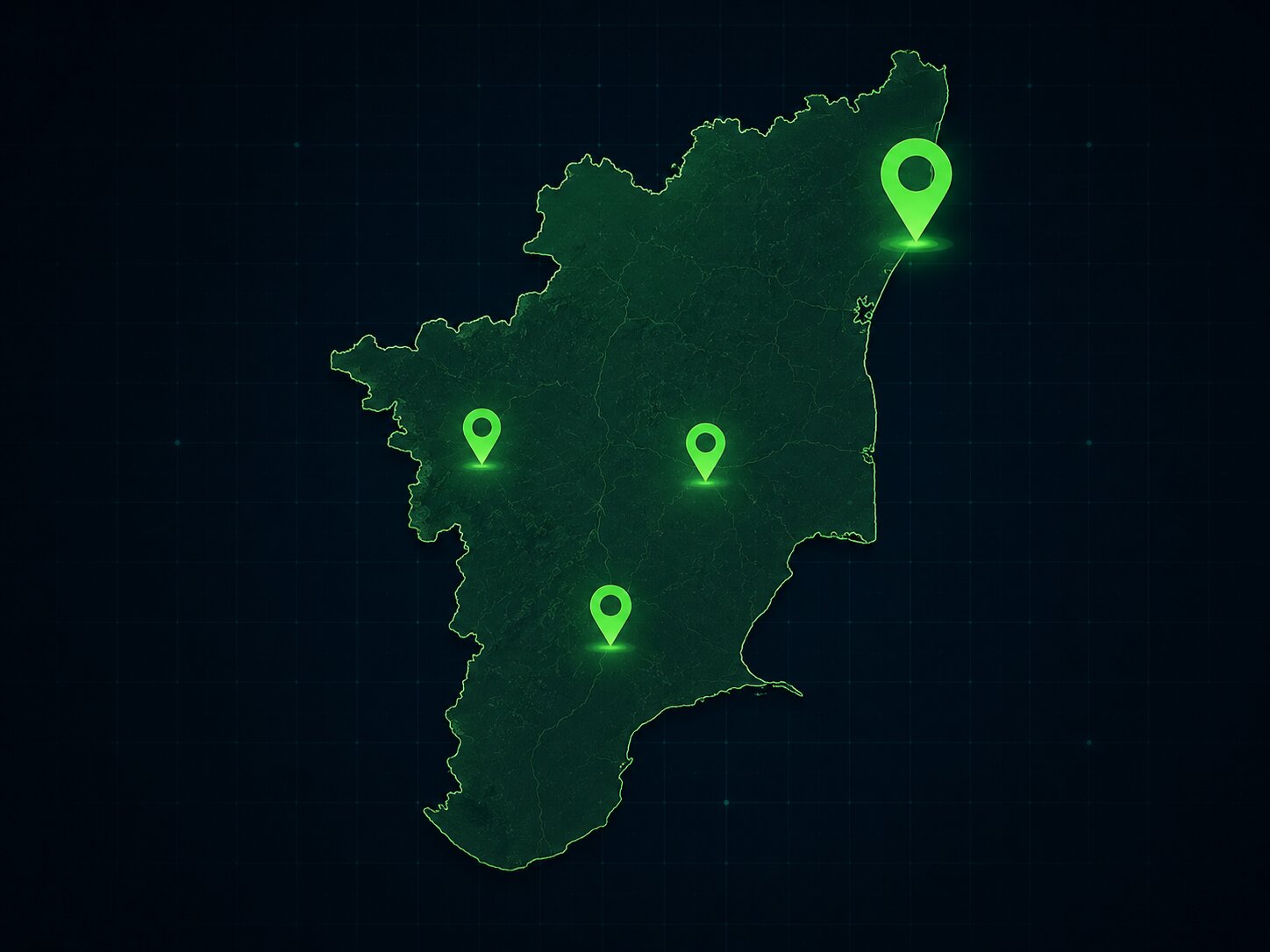 Tamil Nadu VLTD installation coverage visual highlighting Chennai, Coimbatore, Madurai, and Trichy