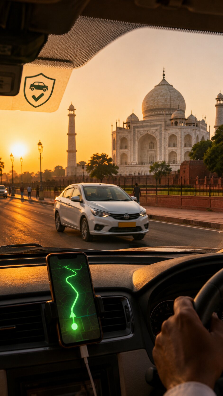 VLTD-enabled taxi near the Taj Mahal representing Navionyx VLTD installation in Uttar Pradesh