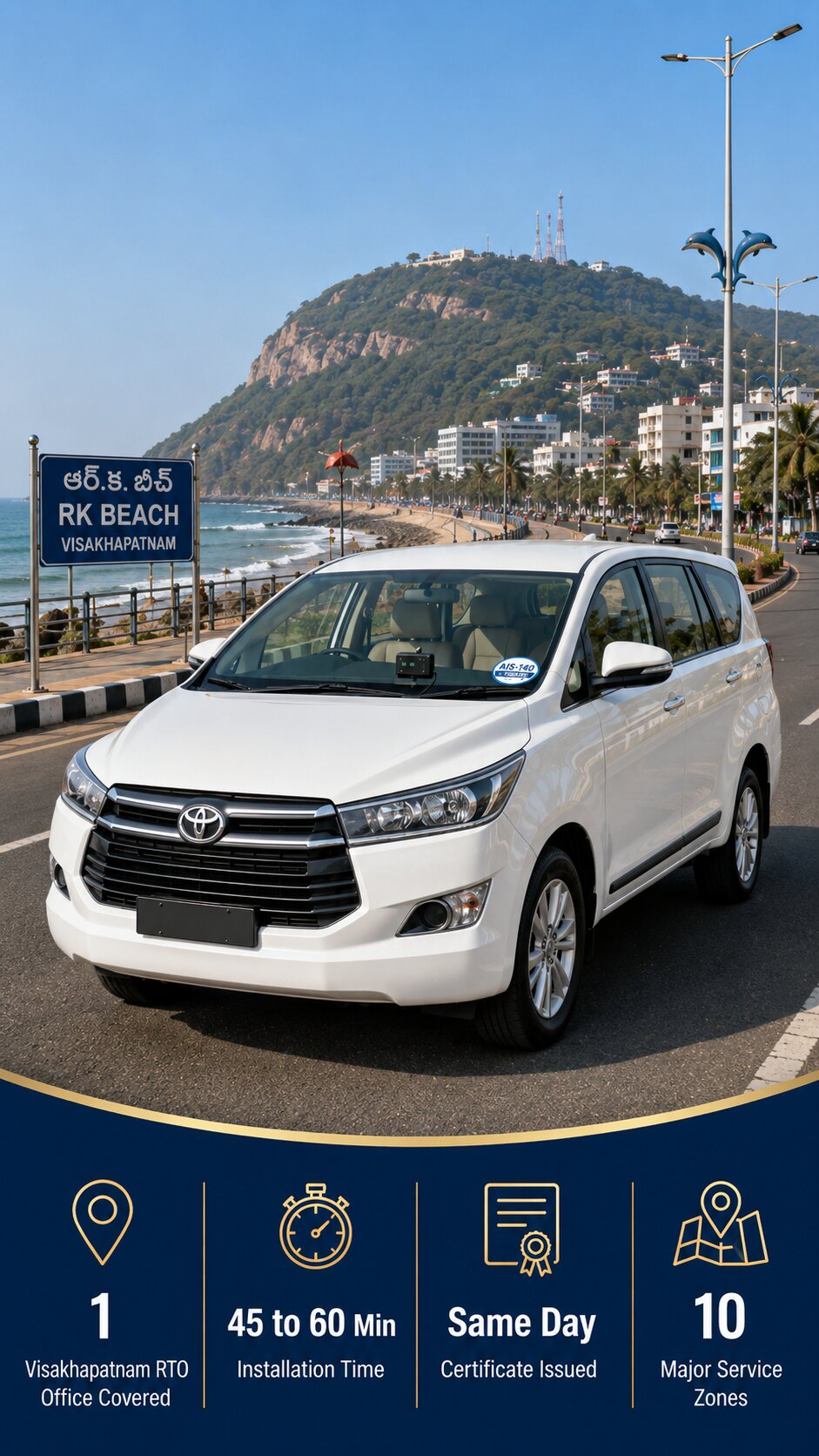 AIS-140 VLTD installation visual for Visakhapatnam taxi operators, tourist fleets, and commercial vehicle owners