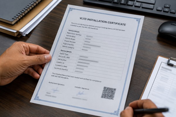 VLTD installation certificate issued after fitment and activation.