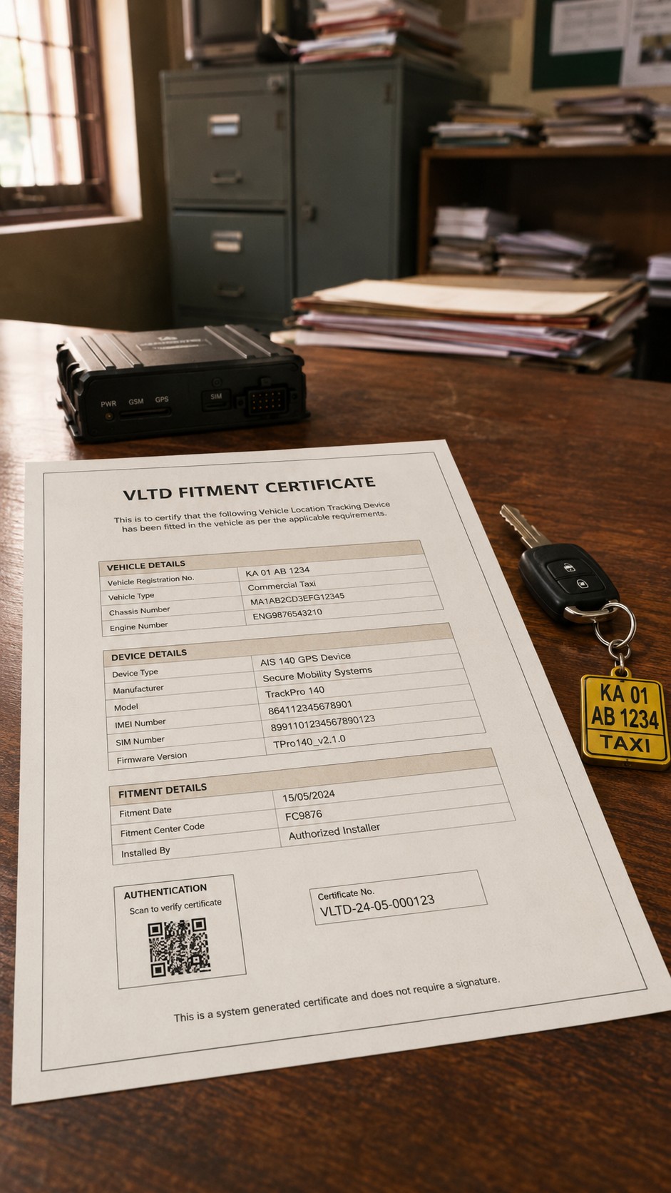 AIS 140 VLTD fitment certificate installation workflow for a commercial vehicle in India