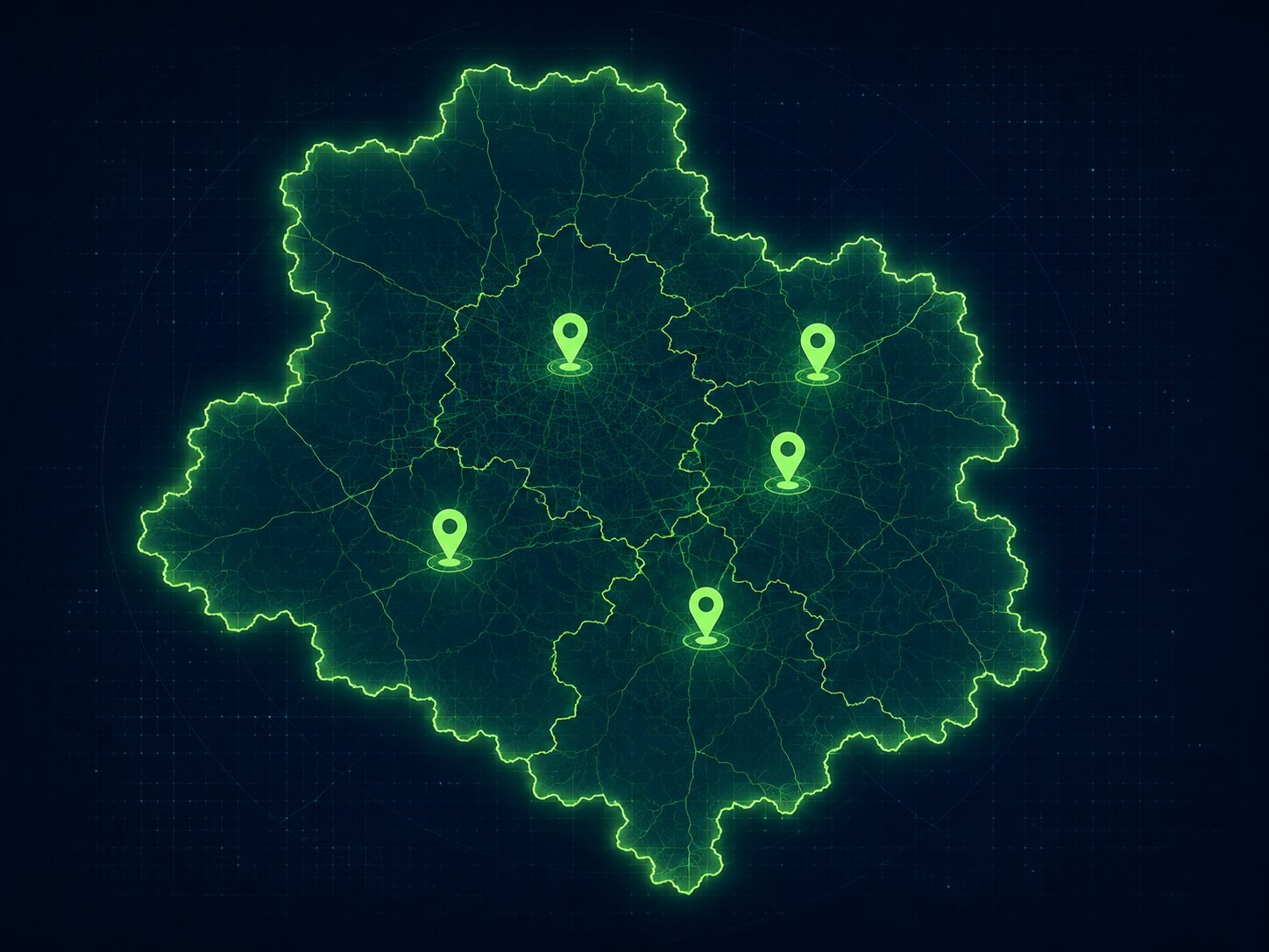Delhi NCR coverage map with highlighted cities for Delhi, Gurugram, Noida, Ghaziabad, and Faridabad