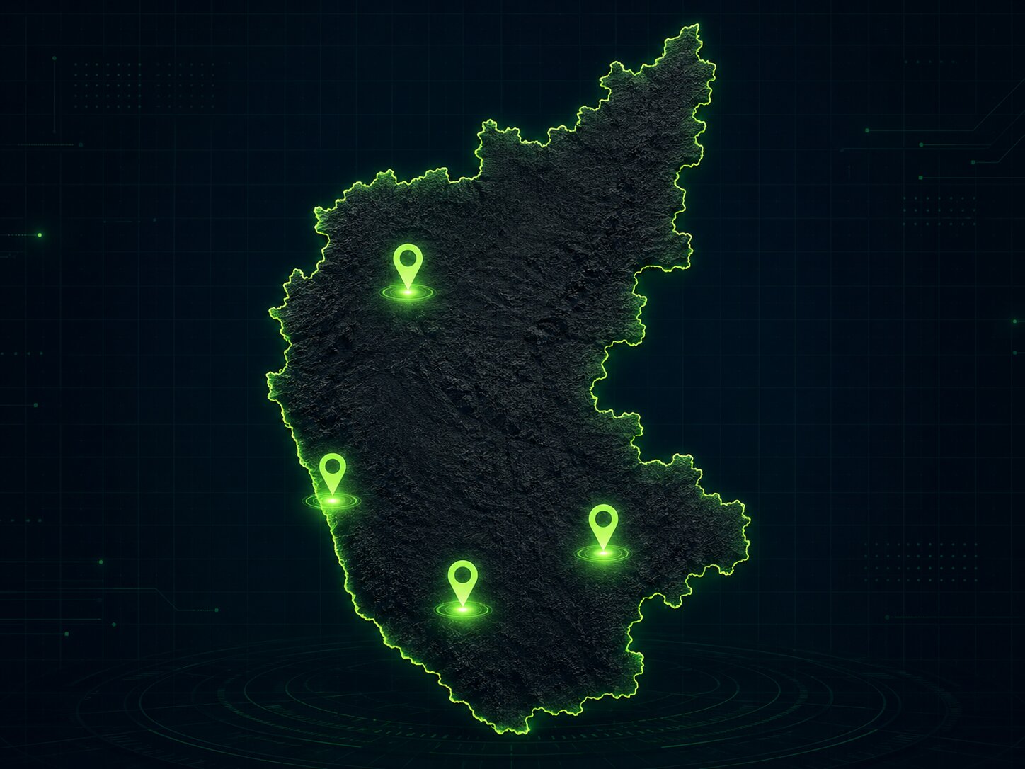 Karnataka state coverage map with glowing pins for Bengaluru, Mysuru, Mangaluru, and Hubballi Dharwad