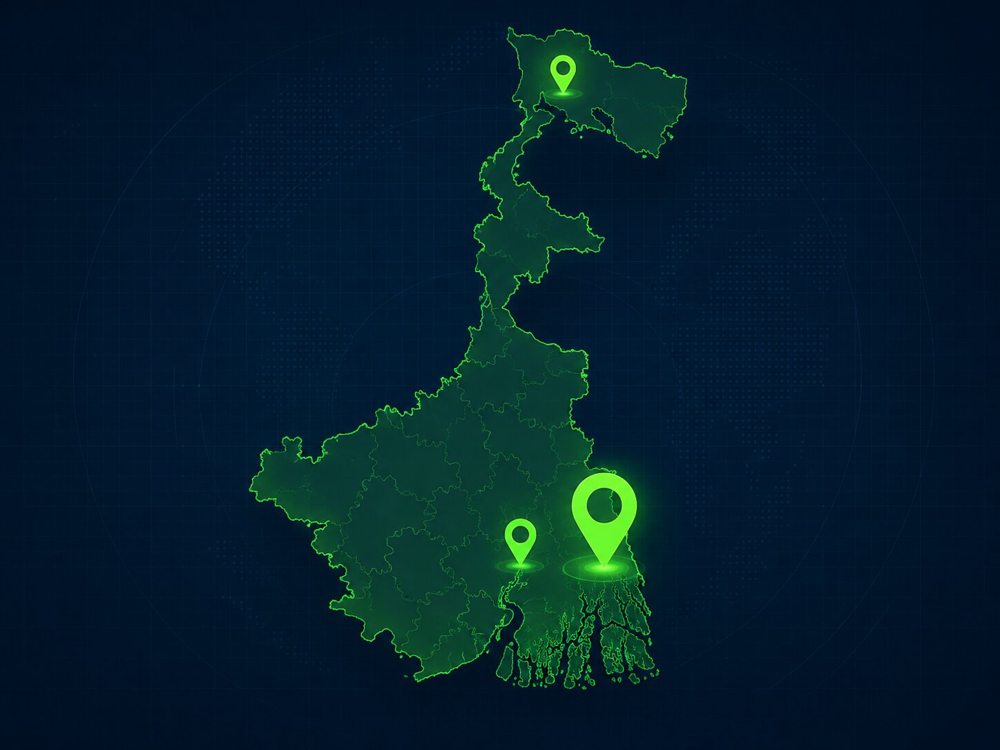 West Bengal VLTD coverage map showing key service hubs around Kolkata, Howrah, and Siliguri
