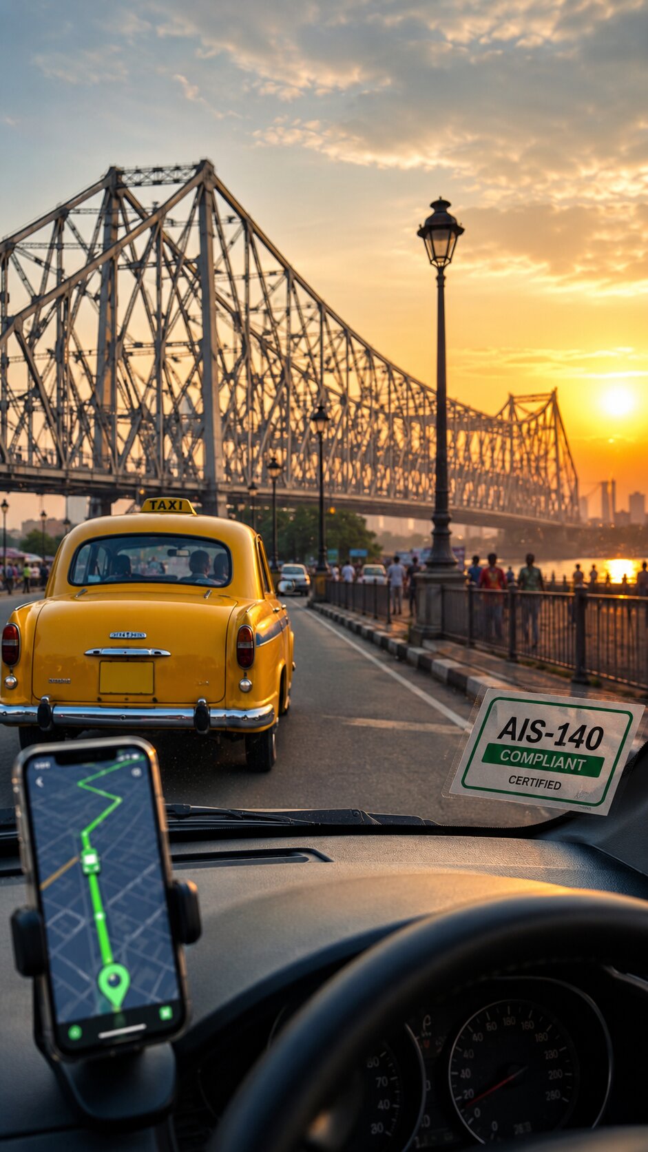 VLTD-enabled taxi on a Kolkata roadway representing Navionyx VLTD installation in West Bengal