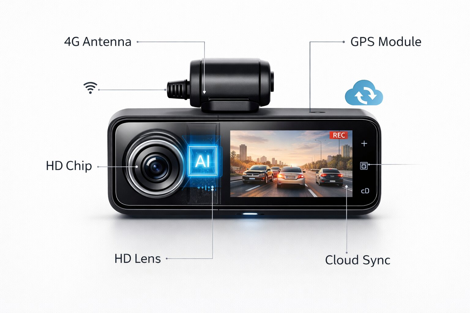 AI dashcam flat-lay with labeled features including 4G antenna, AI chip, HD lens, GPS module, and cloud sync on white background