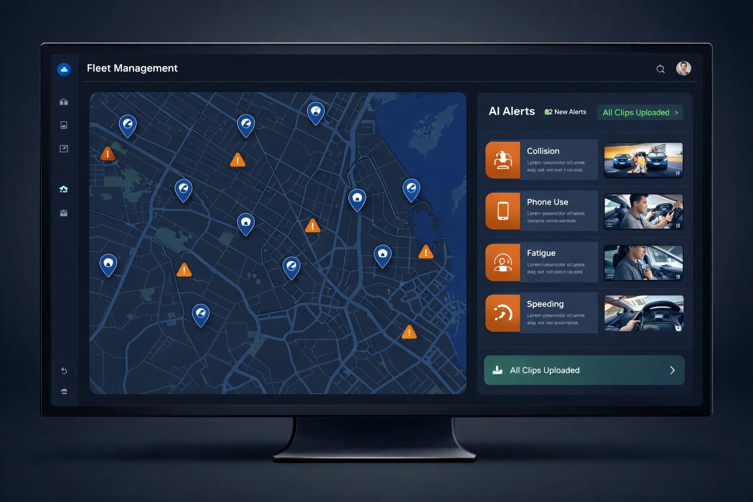 Fleet dashboard UI with map, AI alerts, and uploaded clips status.