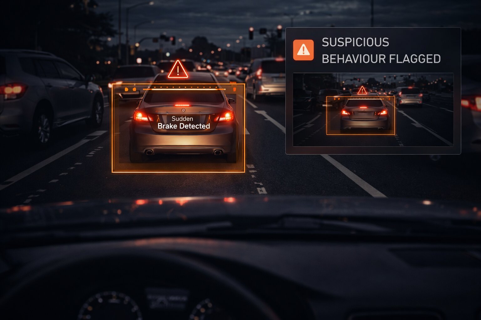 Dashcam view with AI detecting sudden braking and flagging suspicious behavior.