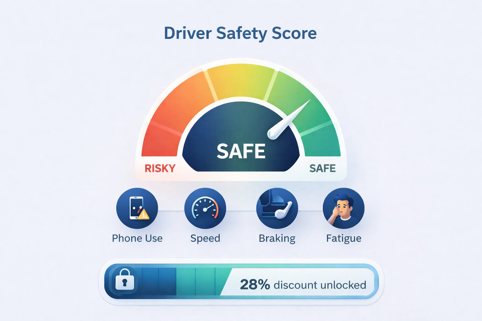 Driver safety score gauge with behavior tracking and 28% discount unlocked.