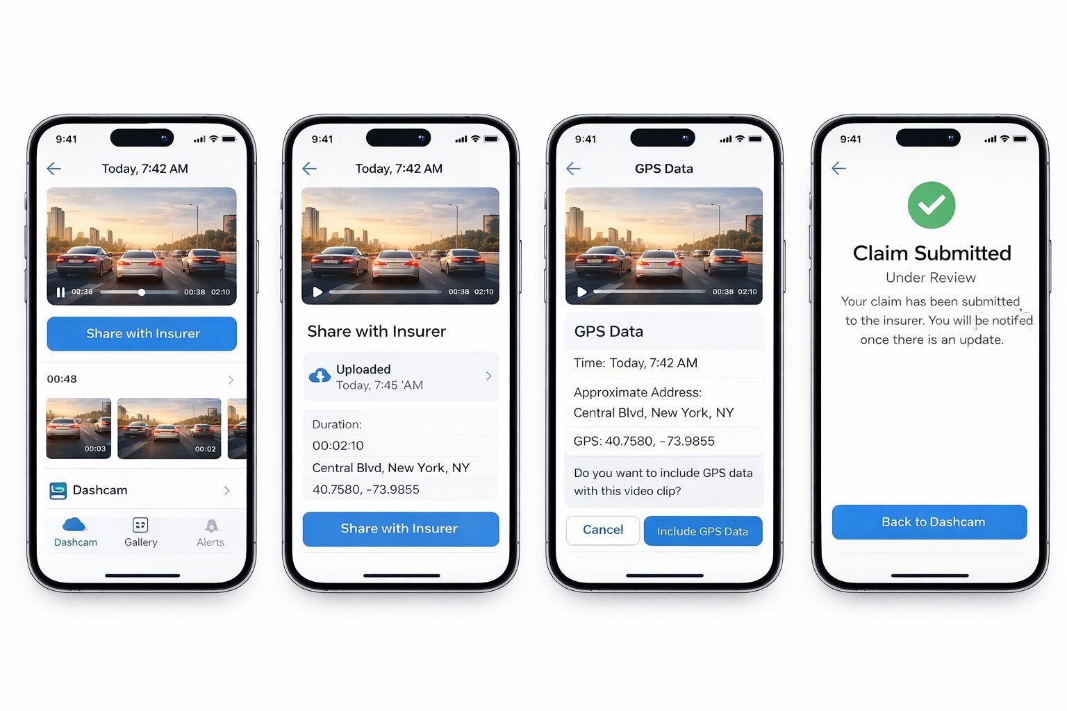 Step-by-step mobile app UI showing dashcam insurance claim process with video upload, GPS data sharing, and claim submission confirmation
