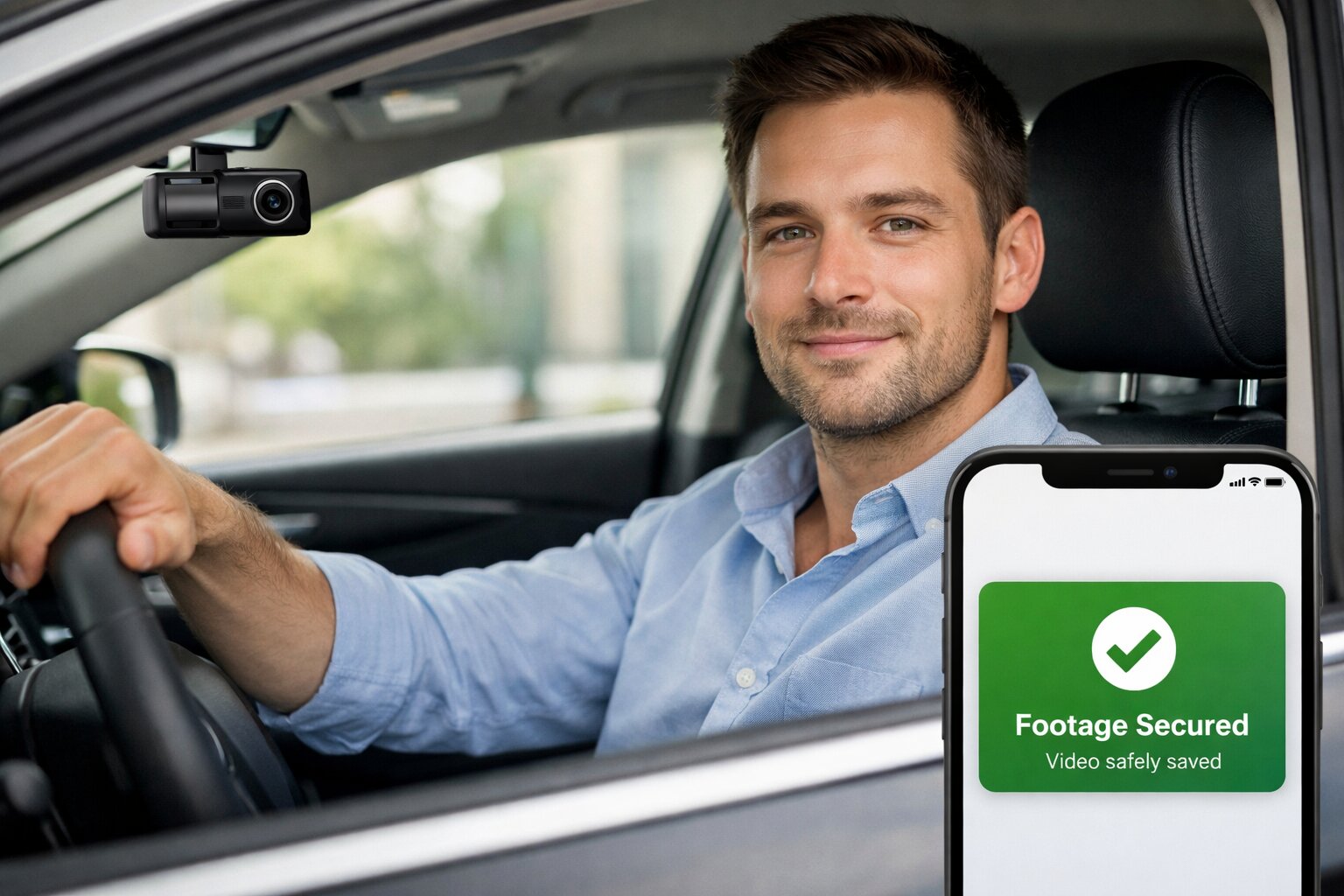 Confident driver in modern car with AI dashcam
