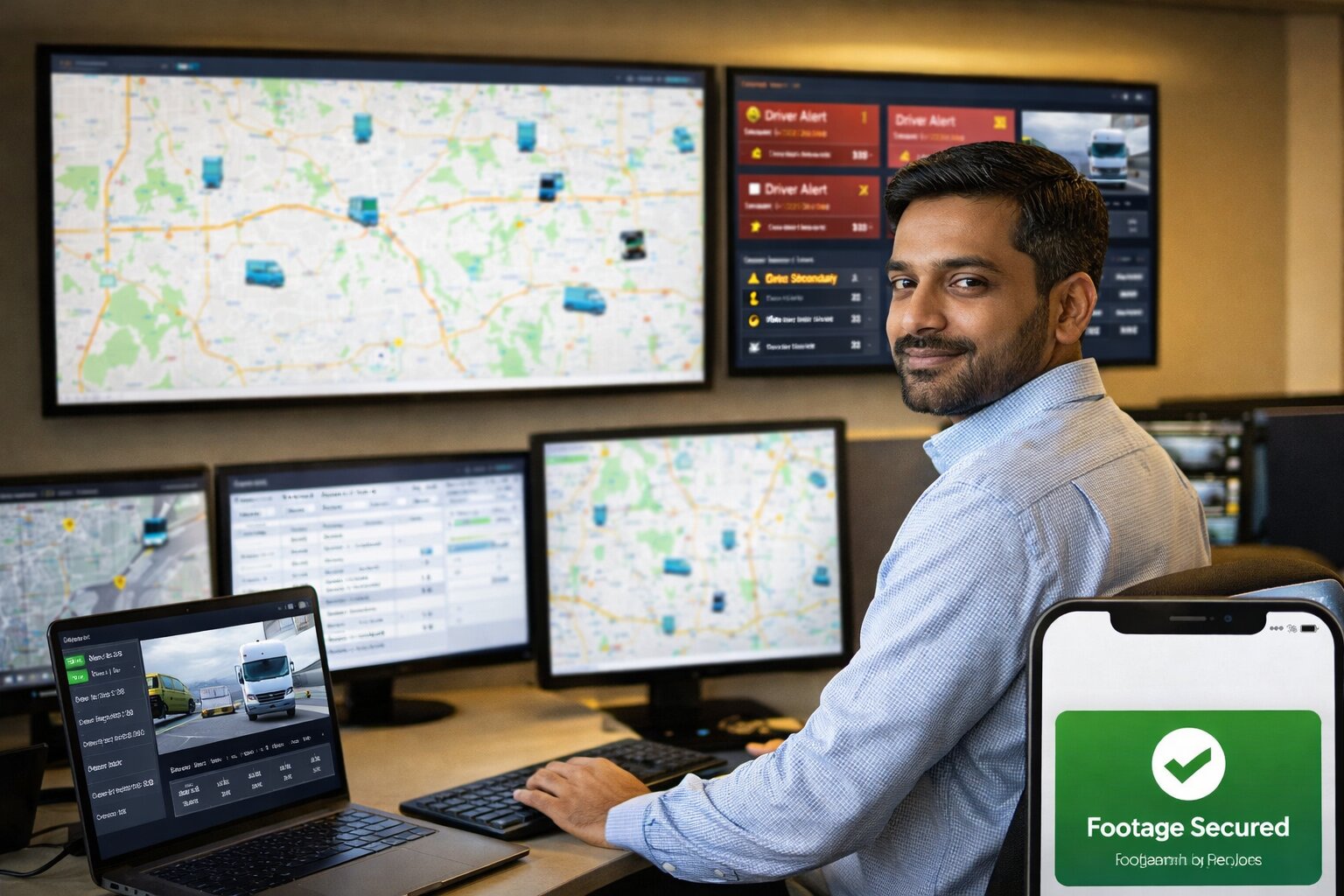 Indian fleet manager in logistics control room monitoring live truck locations, driver alerts, and dashcam footage on multiple screens