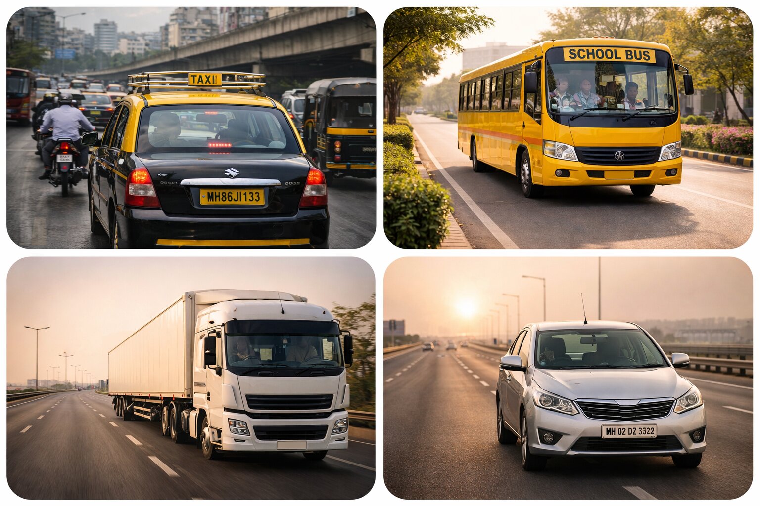 Collage — Taxi, School Bus, Logistics Truck, Personal Car