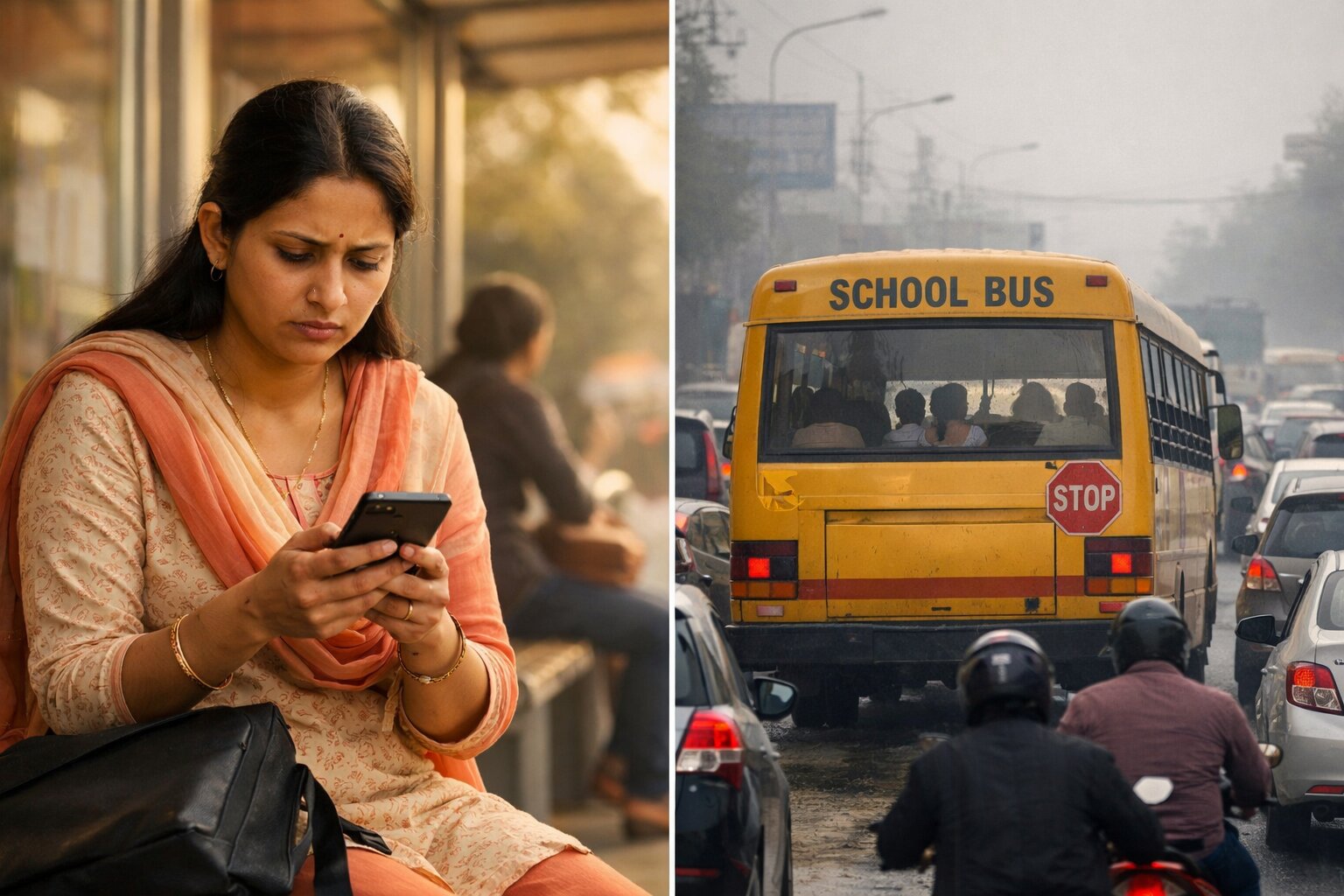 Concerned parent tracking school bus on phone while bus faces traffic on busy Indian road