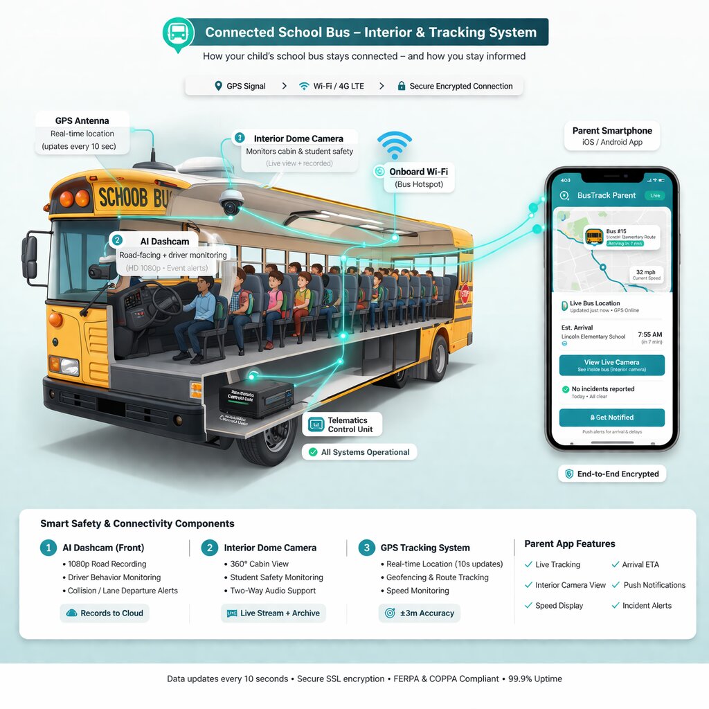 Infographic of connected school bus technology including dashcam, interior camera, GPS tracking system, Wi-Fi, and parent mobile app for real-time child safety monitoring