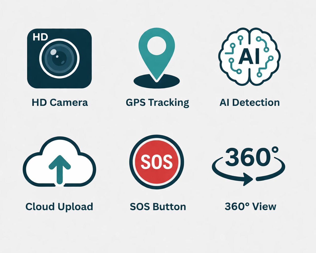 Dashcam features icons: HD camera, GPS tracking, AI detection, cloud upload, SOS alert, and 360° view in a clean infographic style