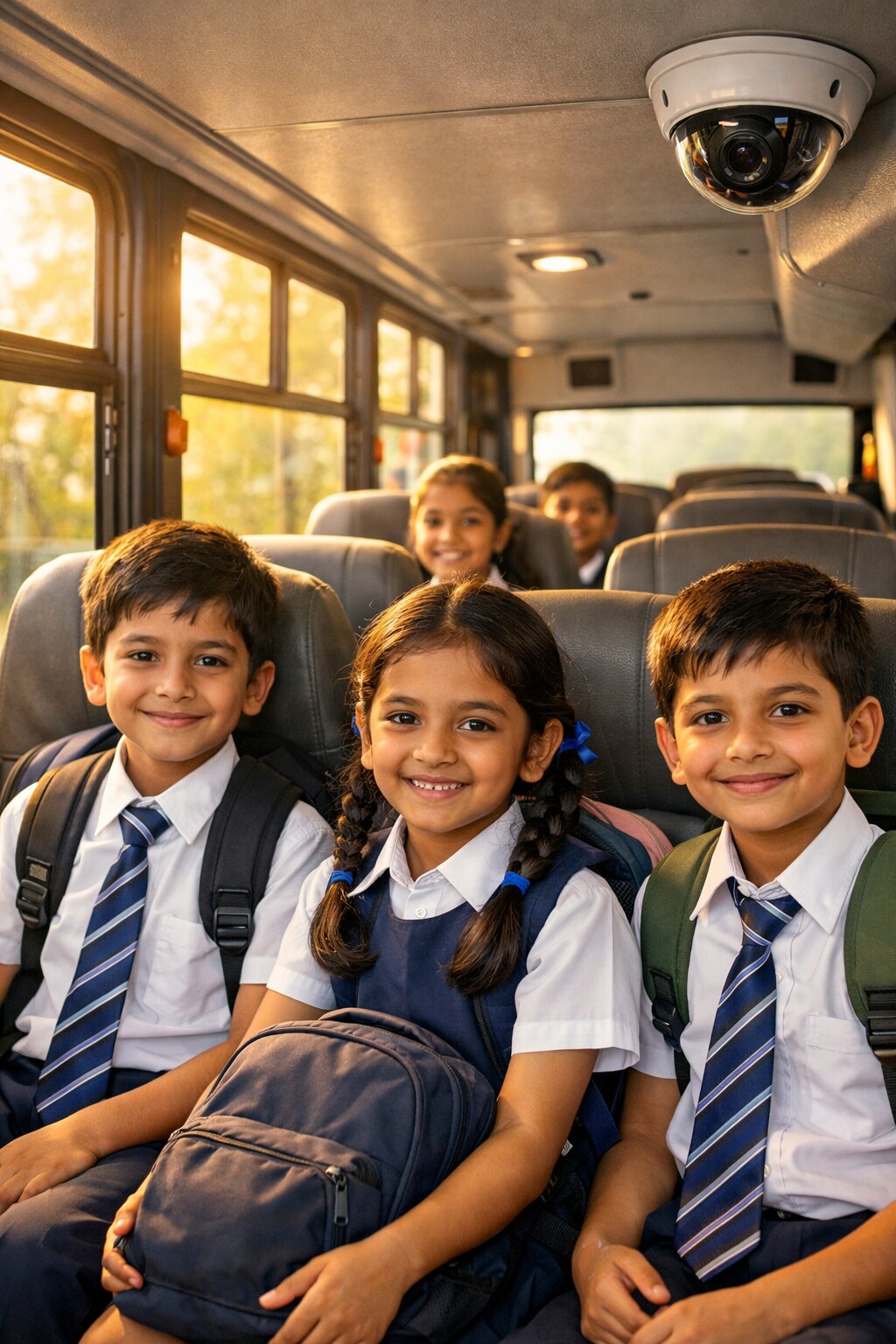 Safe and secure school bus interior with Indian children protected by onboard CCTV surveillance