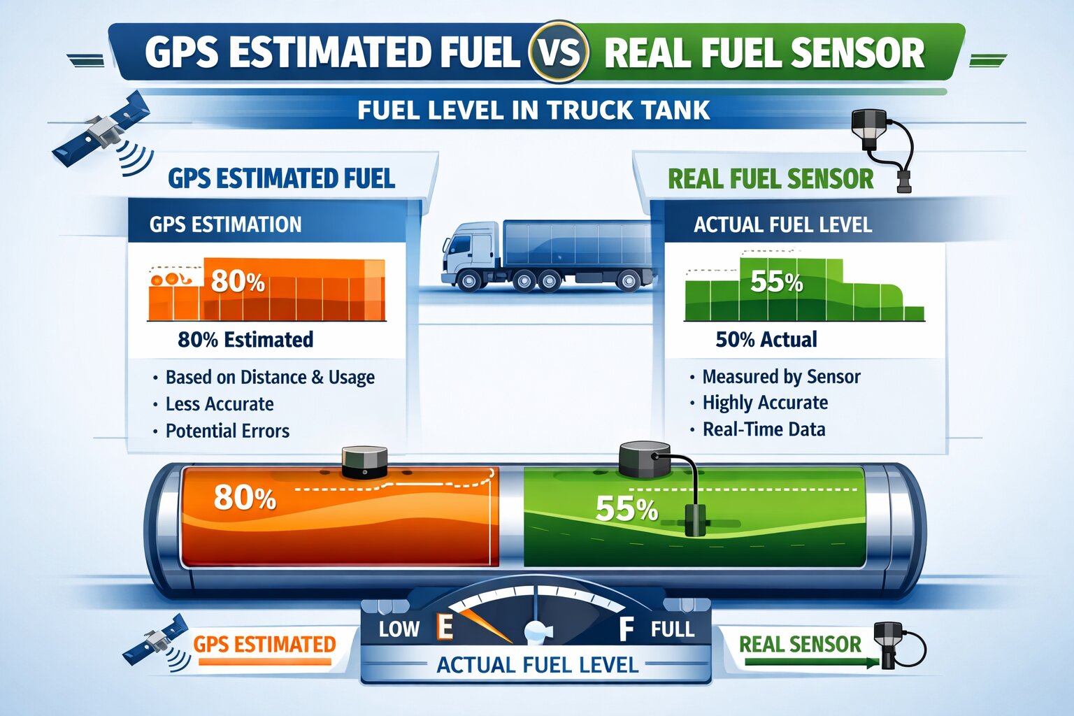 GPS fuel estimation vs real truck fuel sensor measurement comparison