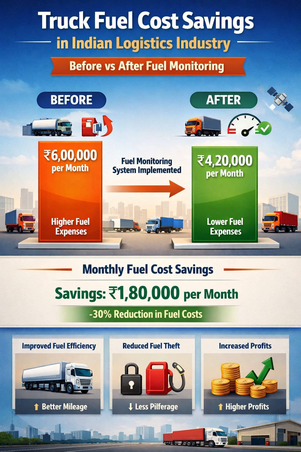 Truck fuel cost savings infographic showing before vs after fuel monitoring system in the Indian logistics industry.