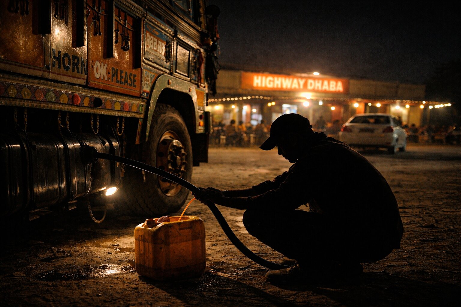 Diesel theft from a parked Indian cargo truck at a highway dhaba at night