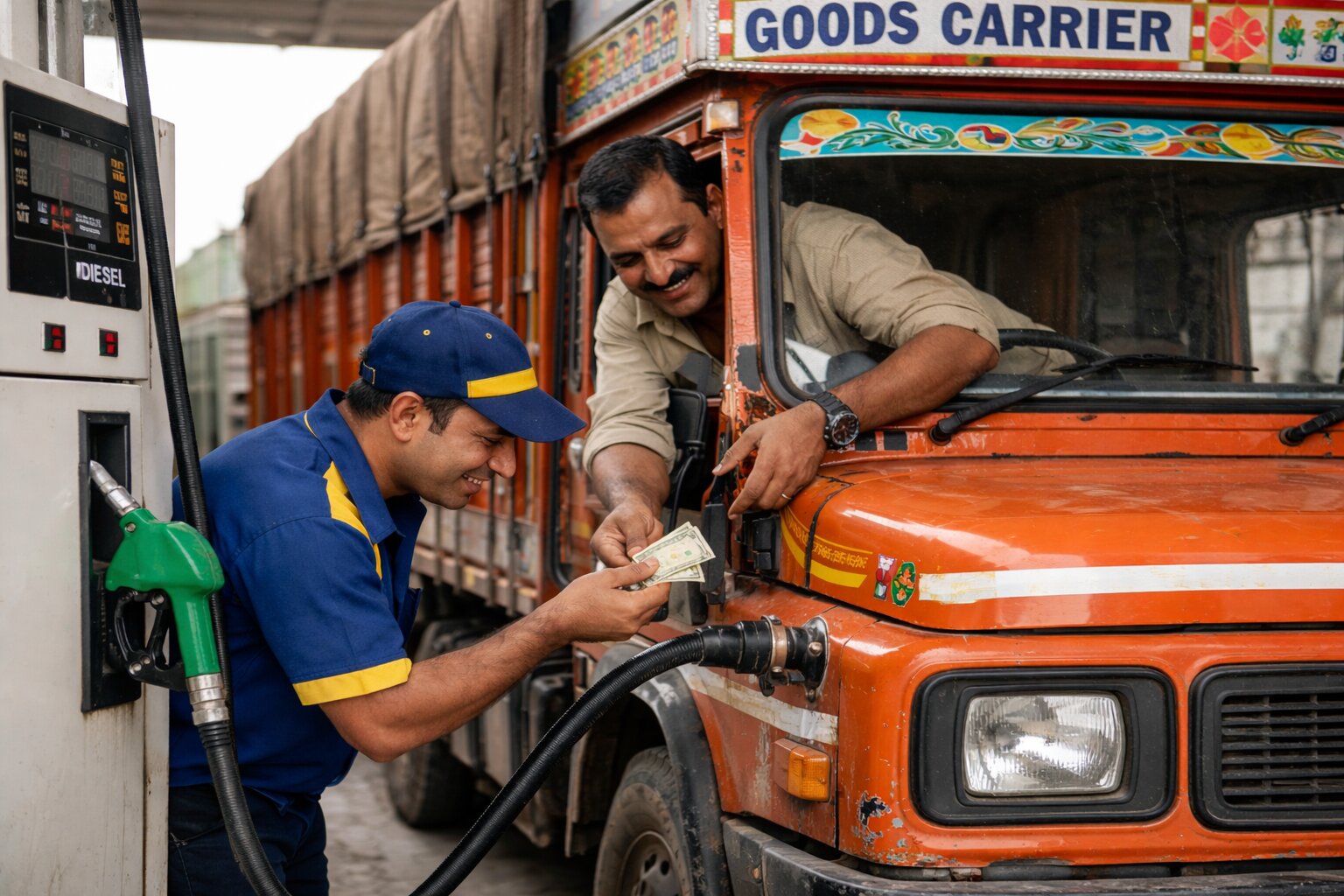 Indian truck driver secretly paying fuel attendant during diesel refueling — example of fuel theft in transport industry.