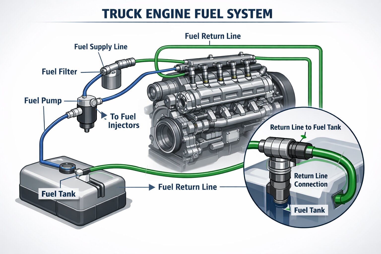 Truck diesel engine fuel system diagram showing fuel tank, pump, injectors, and return line used for fleet fuel monitoring systems.
