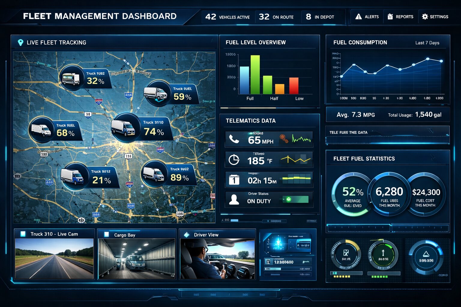 Fleet management dashboard showing live truck locations, fuel level monitoring, telematics data, and logistics analytics