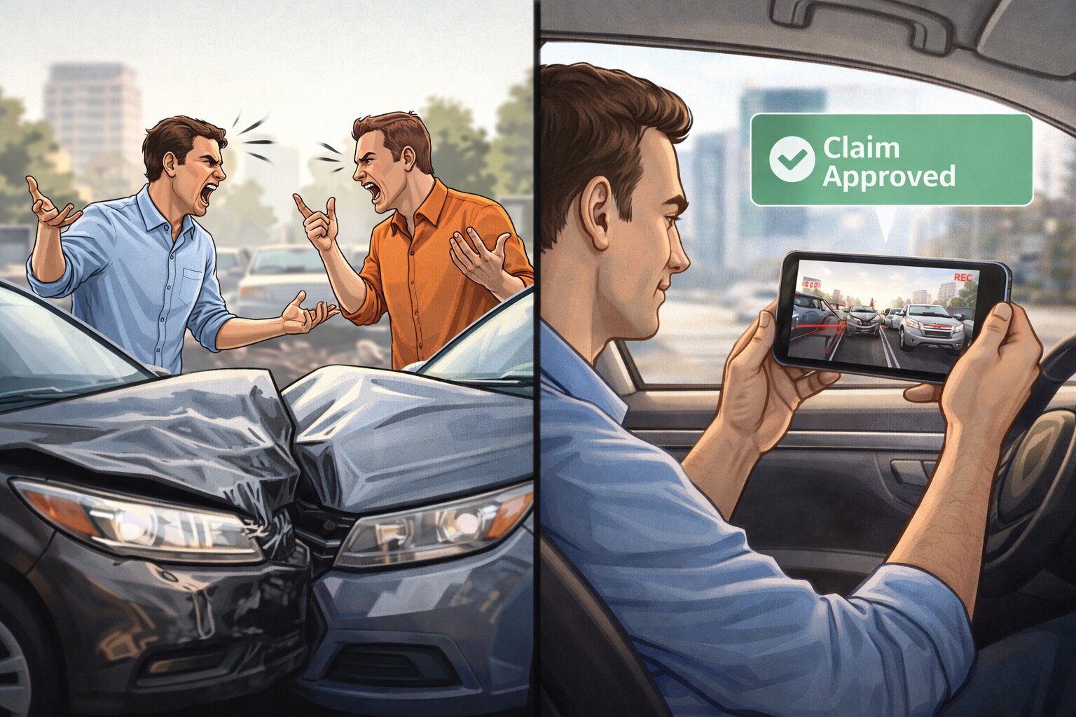 Car accident dispute vs dashcam proof with claim approved on phone