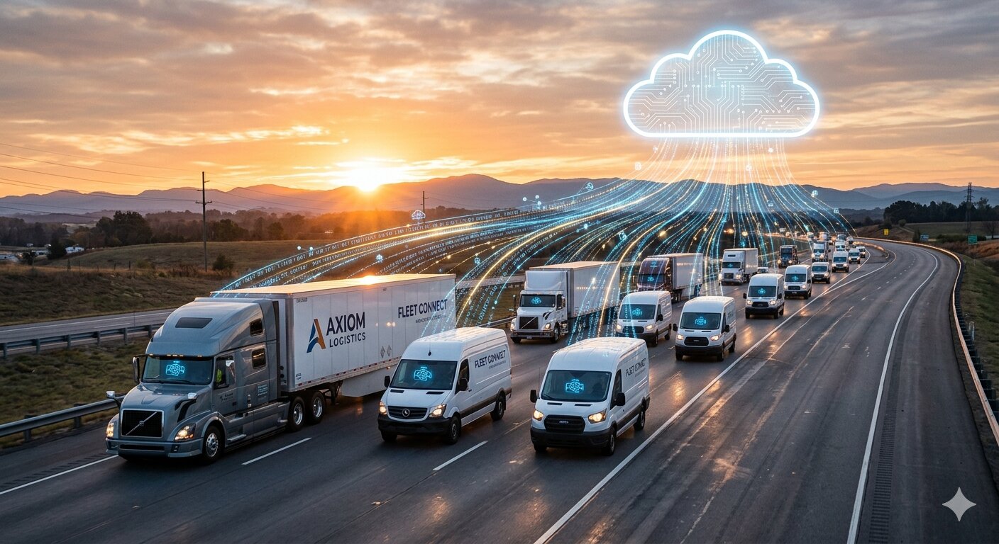 Cinematic wide-angle shot of a fleet convoy at sunrise, with trucks and vans sending glowing digital data streams into a circuit-patterned cloud icon, symbolizing AI-powered fleet connectivity and cloud storage