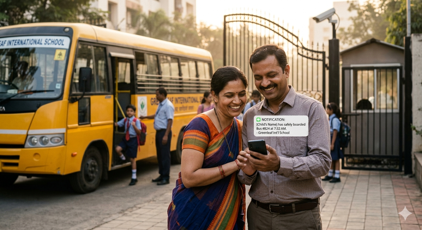 Joyful Indian parents checking a school bus boarding notification on a smartphone with their child boarding a yellow bus in the background.