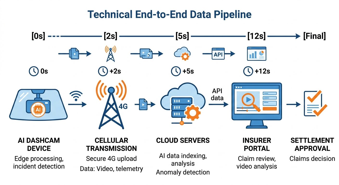 Technical diagram of an AI dashcam data pipeline showing the flow from device to 4G transmission, cloud servers, and insurer portal for settlement approval, featuring a 12-second processing timeline