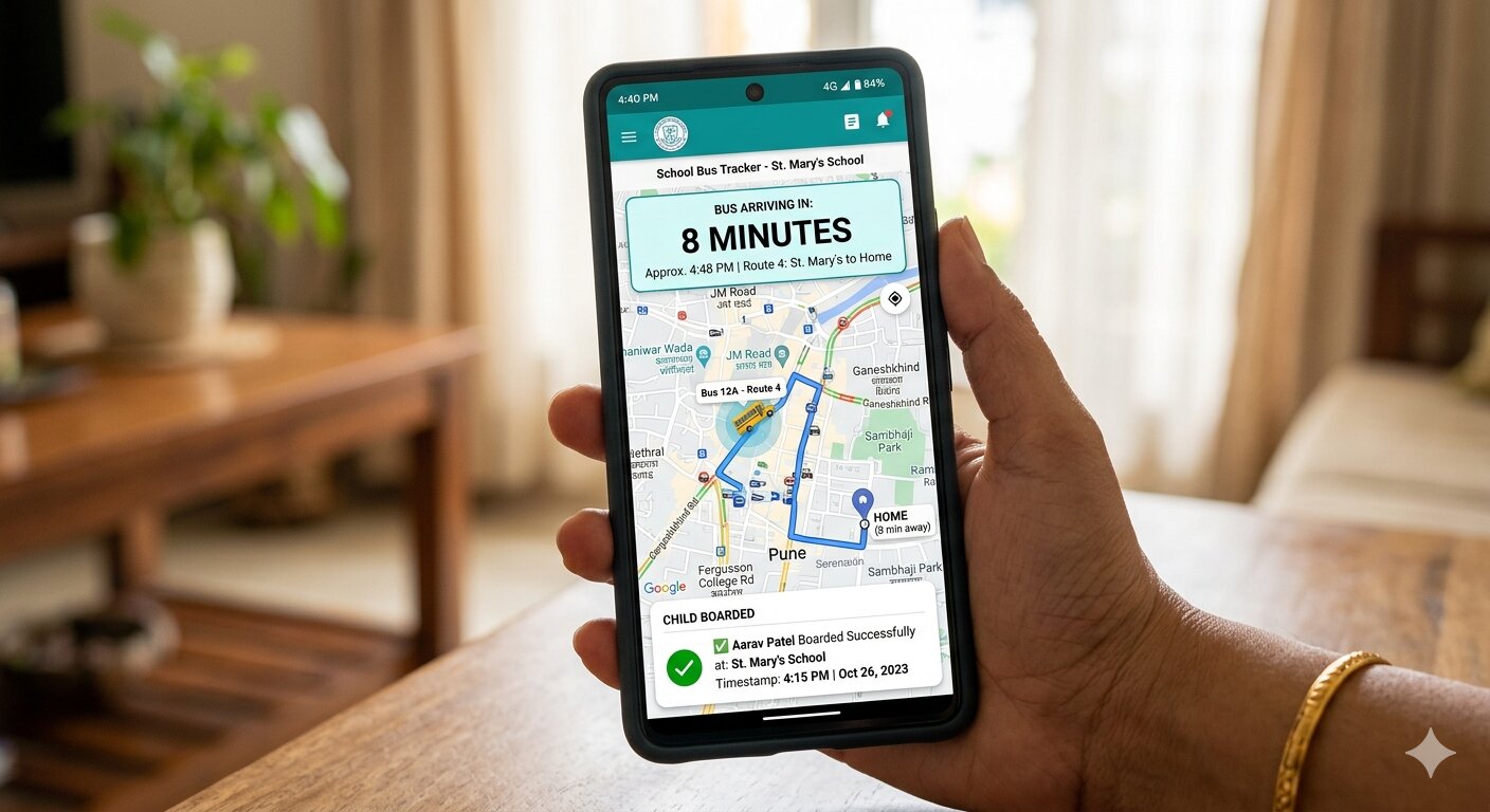 School bus tracking app on smartphone showing live GPS route, arrival time notification and child boarding confirmation on city map