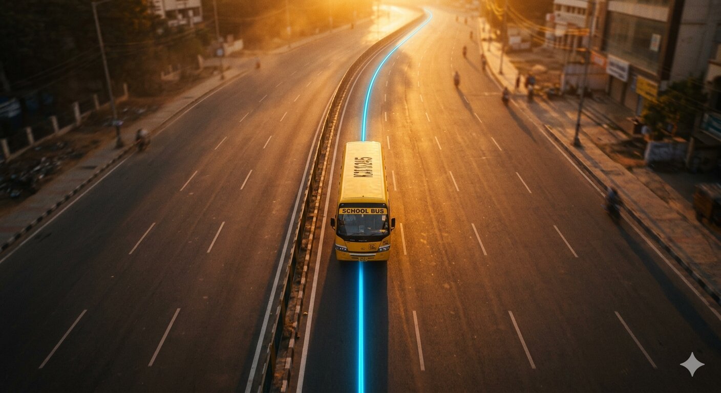 Aerial view of a school bus on an Indian boulevard at sunset with a glowing blue GPS route.