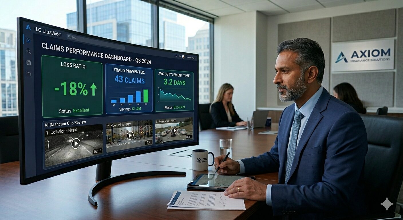 Insurance Solutions executive uses a curved UltraWide monitor to review an insurance claims dashboard featuring Loss Ratio, Fraud Prevented, and AI Dashcam Clip Review data in a modern office conference room