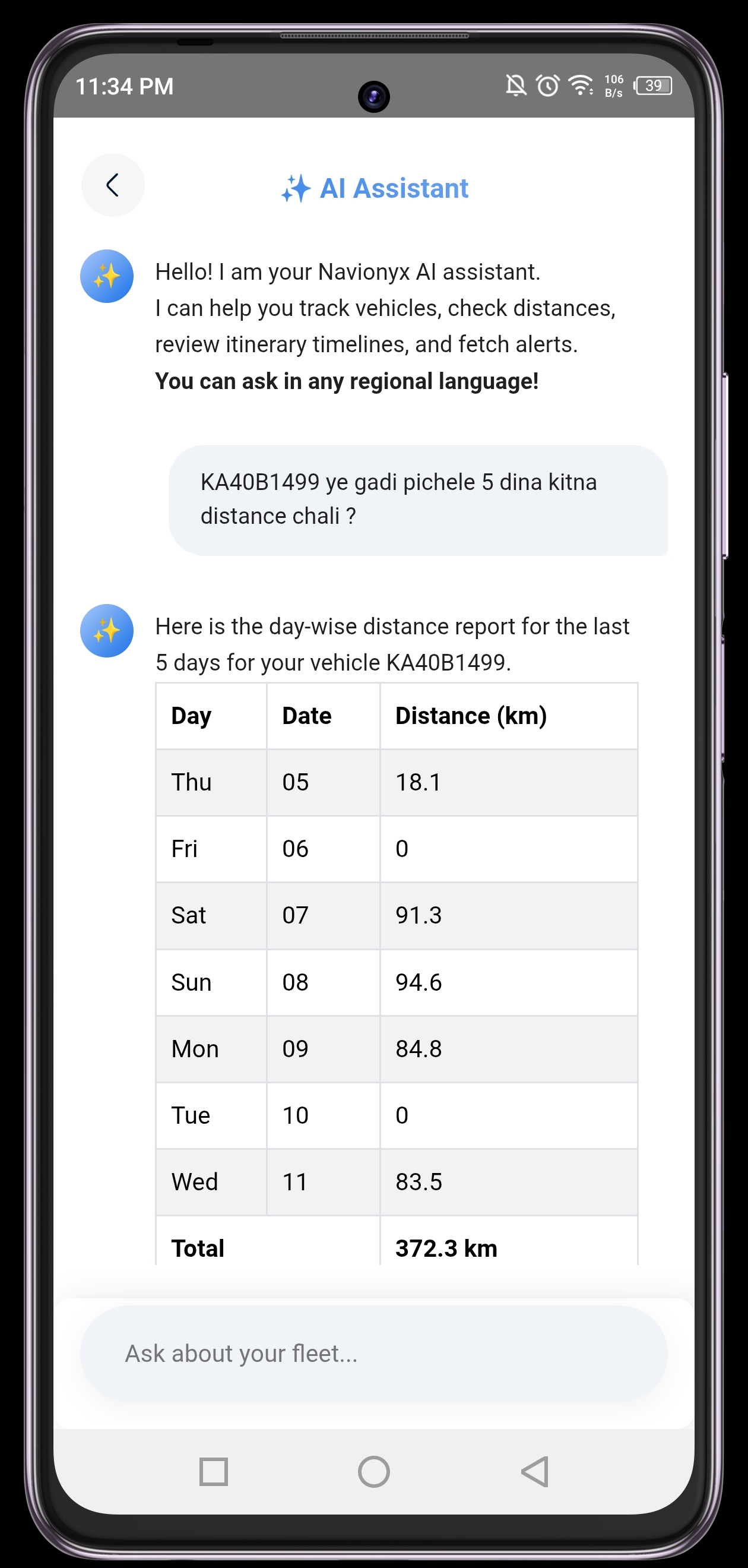 navionyx android app ai assistant day wise distance report