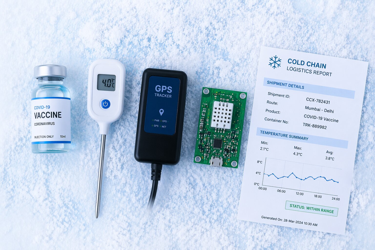 Cold chain monitoring equipment including vaccine vial, thermometer, GPS tracker and IoT sensor on icy surface